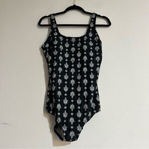 Lands' End Black & White Paisley Patterned One-Piece Pool Beach Swimsuit